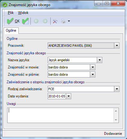 Kadry Pozostałe / Znajomość języków obcych Zakładka umożliwia wprowadzenie informacji o znajomości języków obcych.