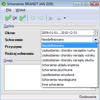 Kadry historyczne / Schorzenia Opcja dedykowana Zakładom Pracy Chronionej (ZPChr).