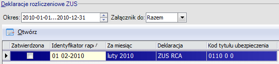 Deklaracje / Rozliczeniowe ZUS Zakładka zawiera wygenerowane deklaracje RCA,
