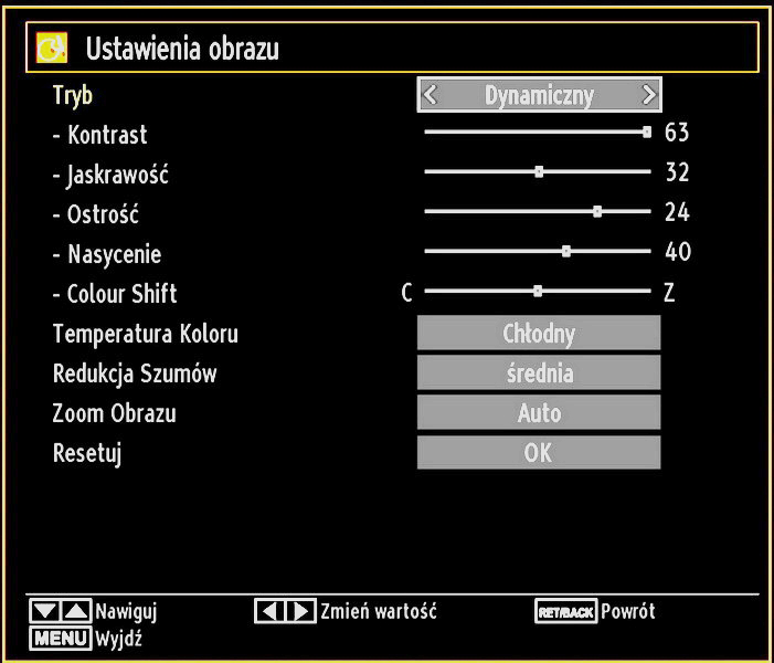 Korzystanie z elementów menu ustawień obrazu Wcisnąć przycisk lub, aby podświetlić wybraną pozycję. Aby ustawić tę funkcję, proszę wcisnąć przycisk lub.