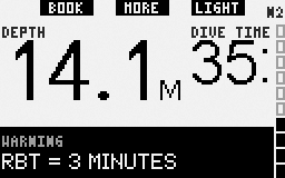 2.6.7 RBT=3 min (fabrycznie: OBA) W celu wcześniejszego ostrzeżenia o niewielkiej ilości rezerwy mieszanki, Galileo ostrzega jeśli RBT (pozostały czas na danej głębokości) osiągnie 3 min.