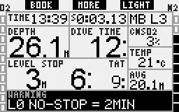 głębokość Level STOP lub poziom MB zostanie zredukowany. (Punkty 2.6.11 i 3.5.5). Poniższe rysunki pokazują obraz wyświetlacza dla konfiguracji CLASSIC i FULL. 2.6.12 Czas zerowy L0 = 2min podczas nurkowania z poziomem MB 2.