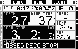 Alarm CNSO2=100% wyświetlany jest przez 12s na wyświetlaczu FULL w miejscu informacji o czasie zerowym albo dekompresji i przez ten czas emitowany jest sygnał dźwiękowy.
