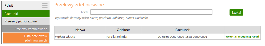 Prawidłowe zakończenie operacji wprowadzania przelewu powinno zakończyć się wyświetleniem komunikatu: Dyspozycja została przyjęta, nr ref. xxxxxx. Zatwierdź przyciskiem OK.