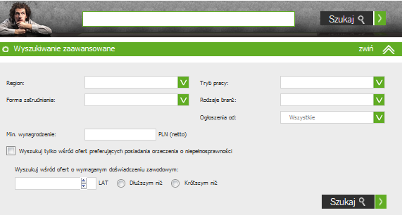 Link Wyszukiwanie zaawansowane pozwala na szukanie nie tylko po tytule ofert, ale także: regionie, trybie pracy, rodzaju branż oraz formie zatrudnienia.