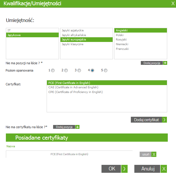 Umiejętności - tu opisane są konkretne umiejętności, które posiada Absolwent wraz z ich oceną dokonaną przez samego Absolwenta w