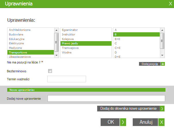 Uprawnienia - tu zawarte są informacje o uprawnieniach, które pozwalają na wykonywanie określonych zawodów z datą ważności.