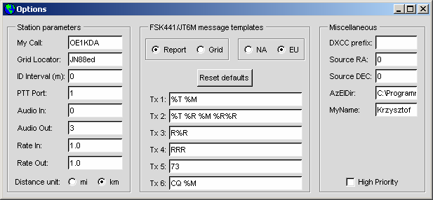 W konfiguracji należy wprowadzić w pierwszym rzędzie własny znak wywoławczy (w polu My Call ) i 6-pozycyjne współrzędne lokatora (w polu Grid locator ) a następnie numer złącza szeregowego COM