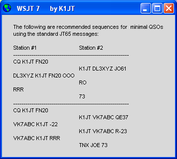 Przykłady użycia uzupełnień znaków: CQ ZA/PA2CHR CQ RW1AY/1 ZA/PA2CHR K1JT K1JT ZA/PA2CHR OOO QRZ K1JT FN20 Meldunki specjalne nadawane za pomocą ustalonych kombinacji tonów mogą być dekodowane nawet