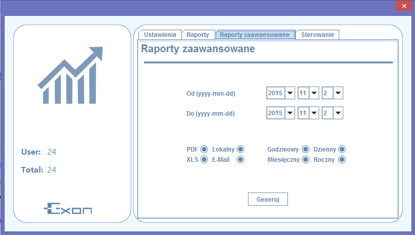 - Raport dzienny, tygodniowy, miesięczny - raporty generowane są ręcznie oraz wysyłane na wskazany adres e-mail. Wysłanie raport odbywa się po kliknięciu na przycisk "Generuj".