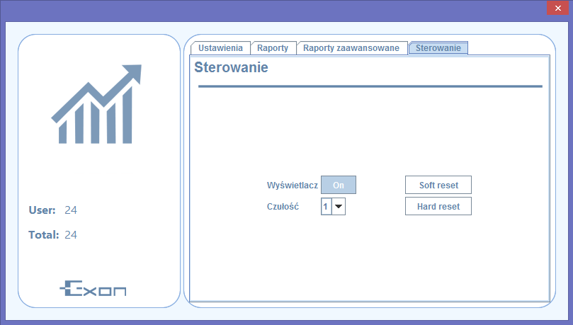 d) Sterowanie - Sterowanie - w tym oknie istnieje możliwość wyłączenia LCD w celu ukrycia wyników zliczania. Ustawienie określonej czułości odbywa się poprzez wybór odpowiedniej liczby.