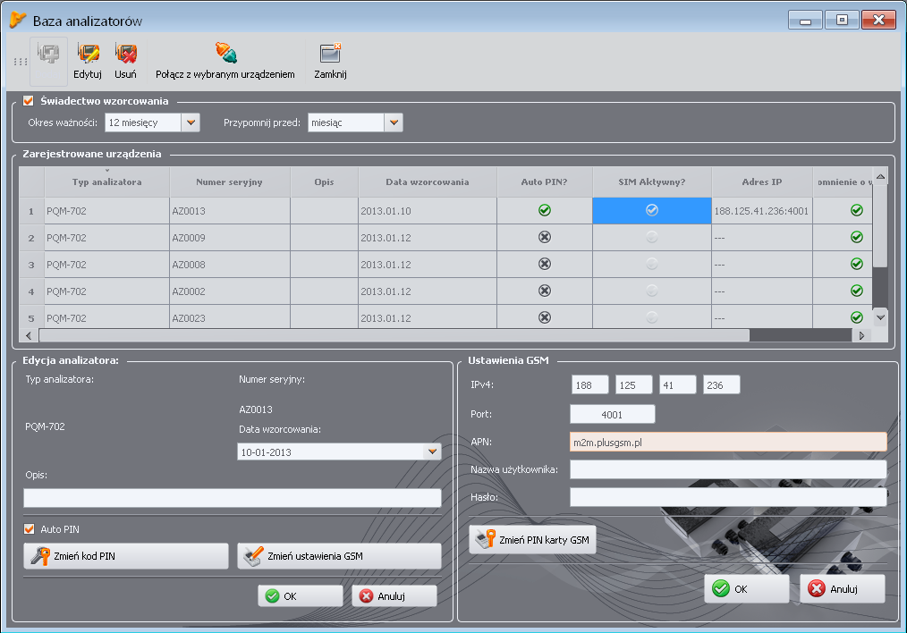 2 Obsługa analizatora Rys. 27. Wprowadzanie ustawień GSM w bazie analizatorów. W przypadku wyjęcia karty SIM z gniazda analizator wyświetli błąd Brak karty SIM.
