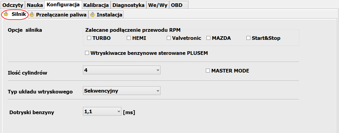 5.3 Zakładka Konfiguracja Konfiguracją w LS Next określamy zbiór funkcji dostosowujących instalację do danego silnika, ale niemających wpływu na dawkę paliwa gazowego.