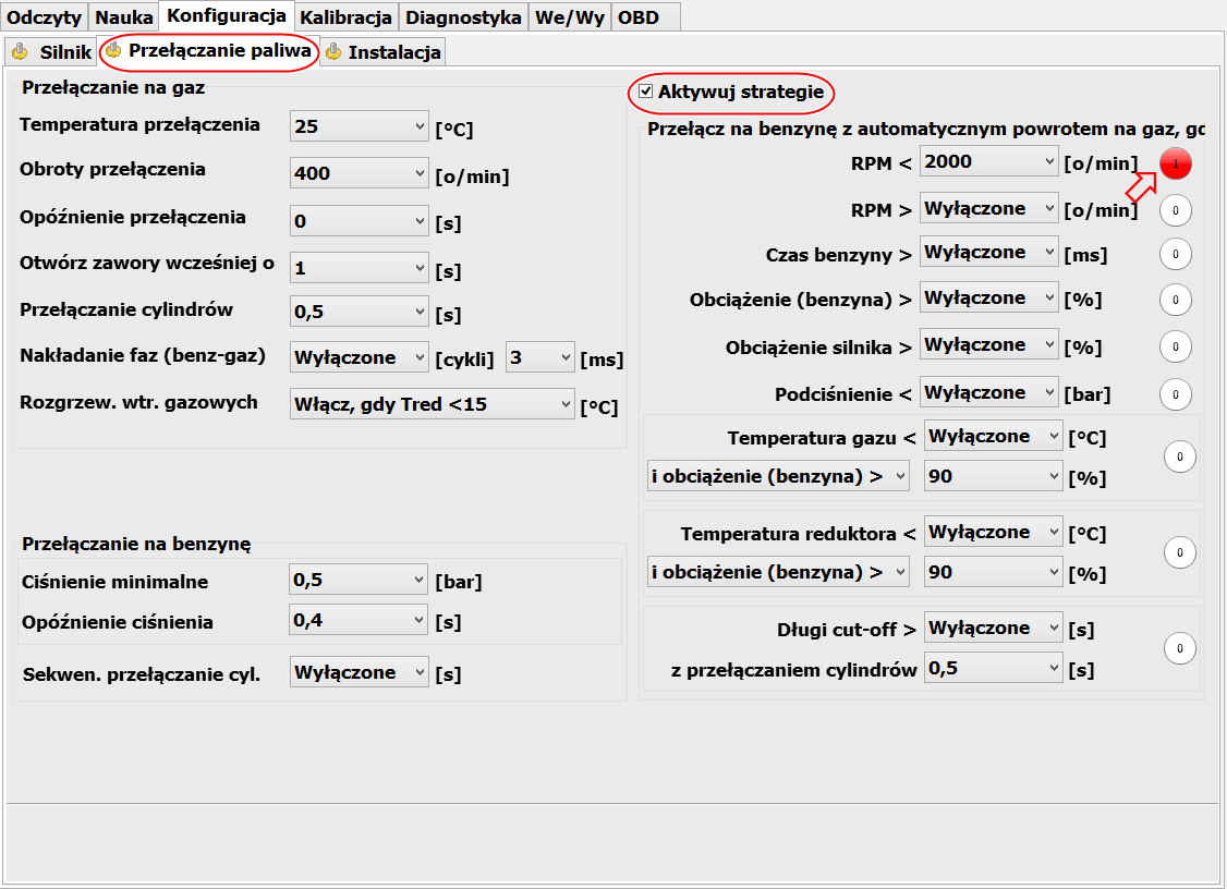 5.6 Konfiguracja Przełączanie paliw Strategie Grupa ustawień służąca warunkowemu przełączaniu paliw. Możemy w tym miejscu określić bardziej złożone warunki dla pracy na LPG.