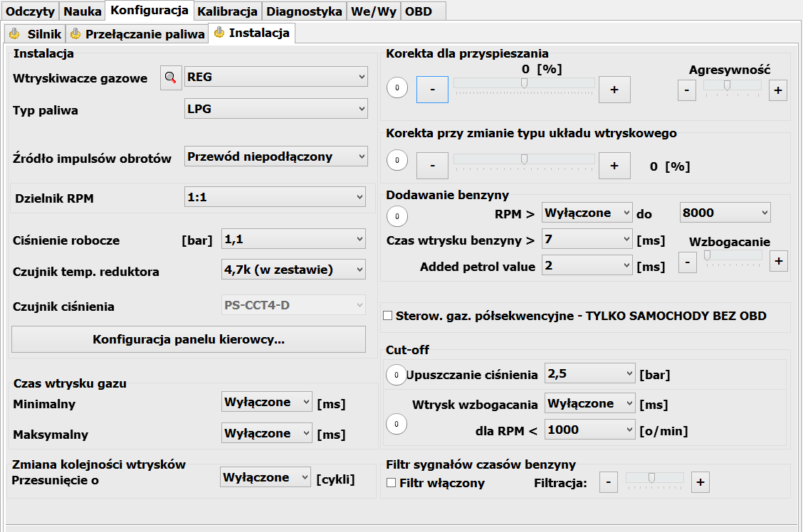 5.7 Konfiguracja Instalacja Zakładka Instalacja zawiera zestaw opcji służących dostosowaniu zamontowanej instalacji do konkretnego silnika Wtryskiwacze gazowe wybór wspomagany ilustracją zdjęciową.