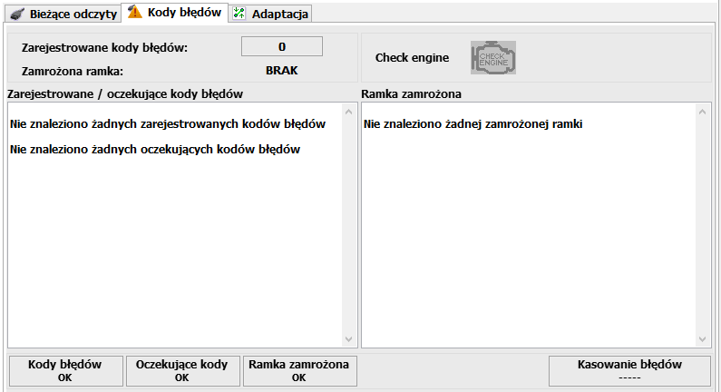 7.3 Kody błędów Sterownik posiada możliwość odczytu i kasowania błędów sterownika benzyny. Poza samym błędem pokazywane są także warunki powstania usterki w postaci ramki zamrożonej.