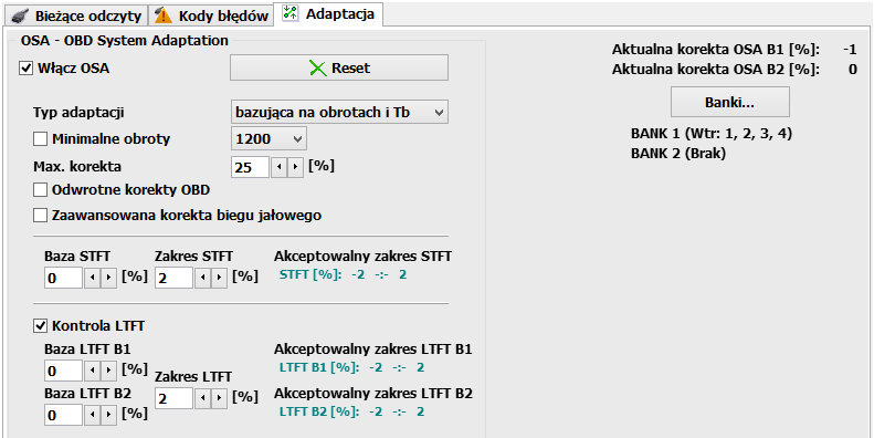 wtedy zakładka OBD. Aby móc włączyć lub wyłączyć korekty zapisane przez OSA należy użyć pola korekt bieżących w zakładce Odczyty.