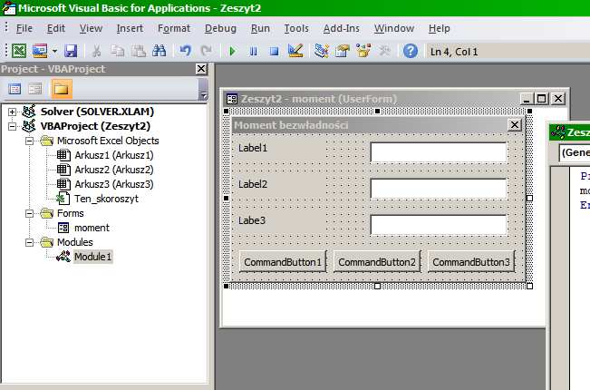 W module (Module) dodajemy makro, które będzie wyświetlać formularz użytkownika po naciśnięciu przycisku w arkuszu.