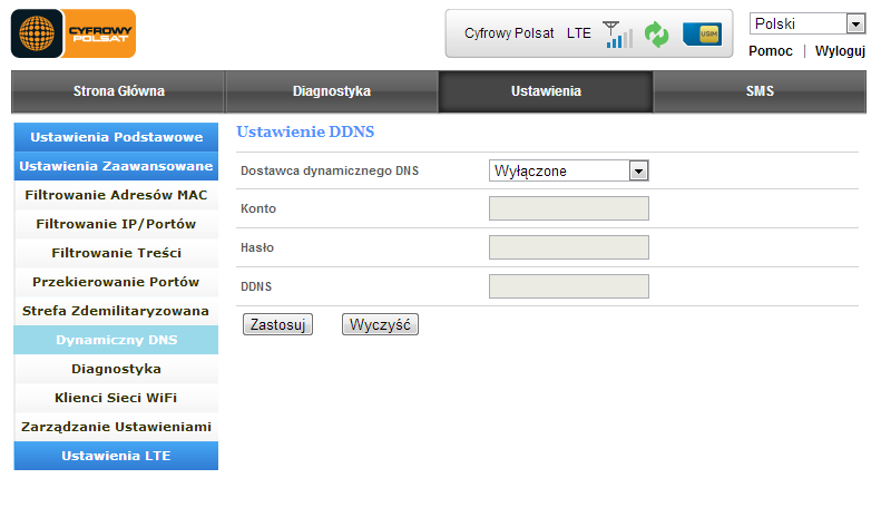 Dynamiczny DNS Dynamiczny DNS umożliwia dodanie nowego konta dla dostawcy DDNS. Wybierz z listy Dostawca dynamicznego DNS opcję Włączone.