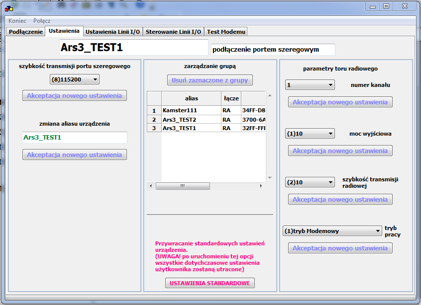 Rys.4 Korzystając z elementów manipulacyjnych na zakładce Ustawienia można zmienić takie parametry radio modemu ARS3 jak: szybkość transmisji radiowej szybkość transmisji portu szeregowego UART numer