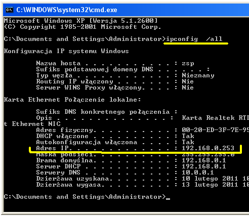 Odszukaj linii Adres IP. W powyższym oknie jest to adres 192.168.0.253 2.