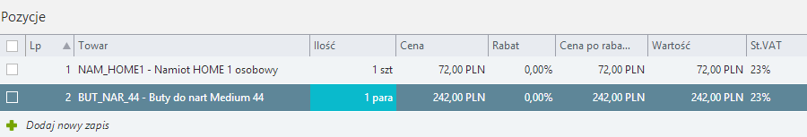 Wybór towaru z listy wersja uproszczona Jeżeli na polu wyboru wciśniemy klawisz F4 lub klikniemy w ikonę listy obok wprowadzanego pola, wówczas wyświetlona zostaje pełna lista podpowiedzi.