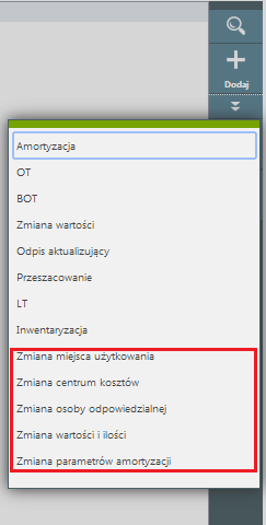 Dokumenty aktualizujące parametry dla Środków Trwałych i WNiP W księdze inwentarzowej na liście Dokumenty środków trwałych dostępne są dodatkowe dokumenty: Zmiana miejsca użytkowania, Zmiana centrum