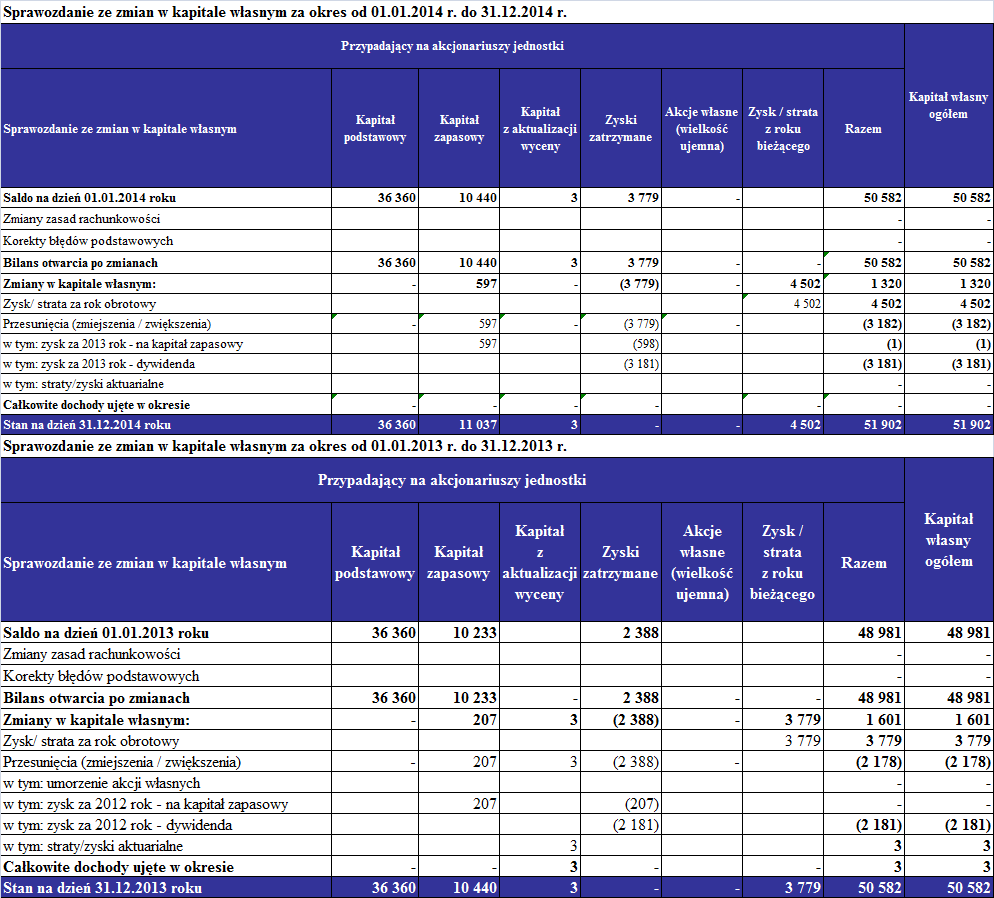 SPRAWOZDANIE ZE ZMIAN W KAPITALE WŁASNYM ZA