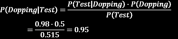 Wiadomo, że test w 95% daje wynik negatywny jak dopingu nie brano. W 5% daje wynik pozytywny jeśli doping stosowano. P(Test) = P(Test Dopping)*P(Dopping) + P(Test ~Dopping)*P~(~Dopping) = 0.98*0.