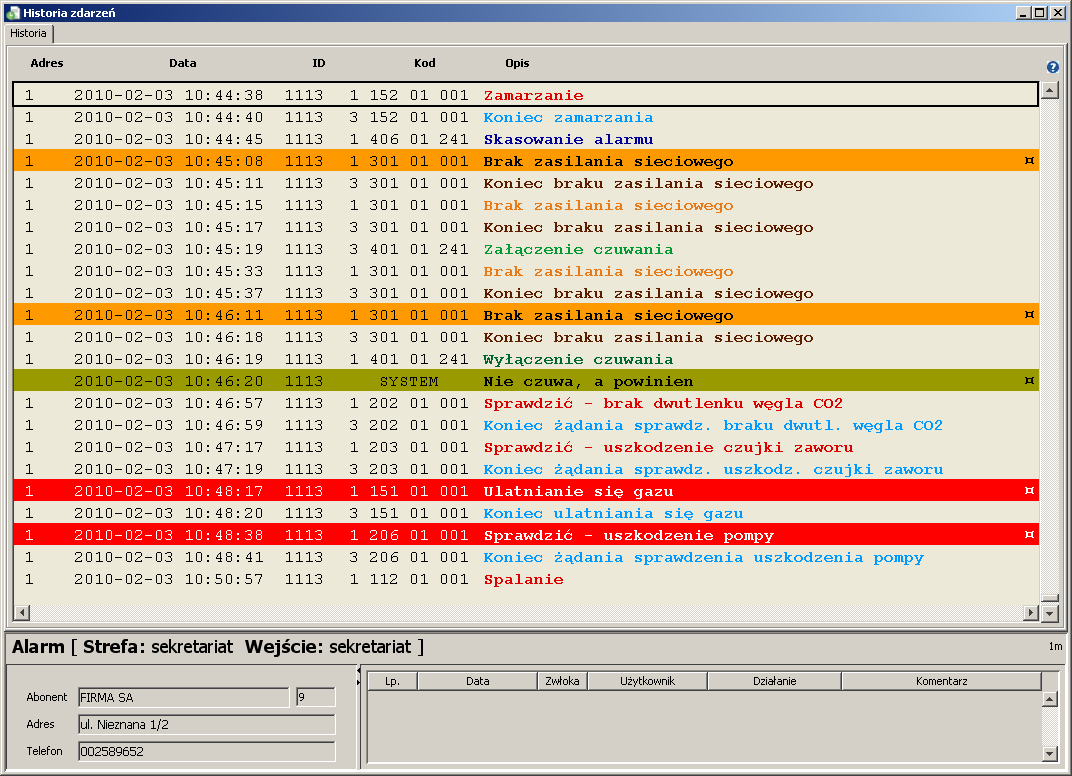 72 STAM-2 SATEL braku transmisji testowej, transmisji testowej o złej porze, utraty / powrotu łączności modułu TCP / IP z centralą, utraty / powrotu łączności z modułem TCP / IP, próby nawiązania