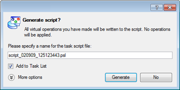 Początkowo program sugeruje wartości stałe dla wszystkich parametrów. W większości przypadków wystarczy nacisnąd przycisk Generate, aby potwierdzid operację. Script file name and location.