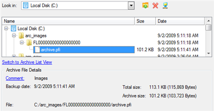 Klikając na łącze Switch to File View, możesz odnaleźd w oknie wymagany obraz. Sekcja poniżej (tzn. Archive File Details) wyświetli również krótki opis wybranego obrazu.