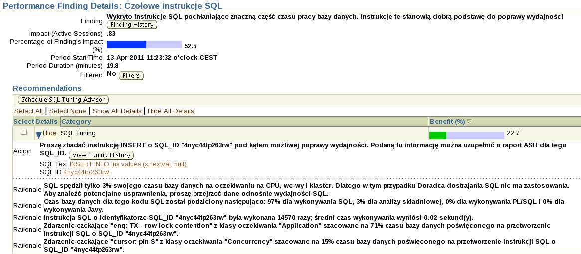 5. Strona Czołowe instrukcje SQL prezentuje najbardziej obciążające instancję bazy danych polecenia SQL. Na pierwszym miejscu znajduje się polecenie insert.