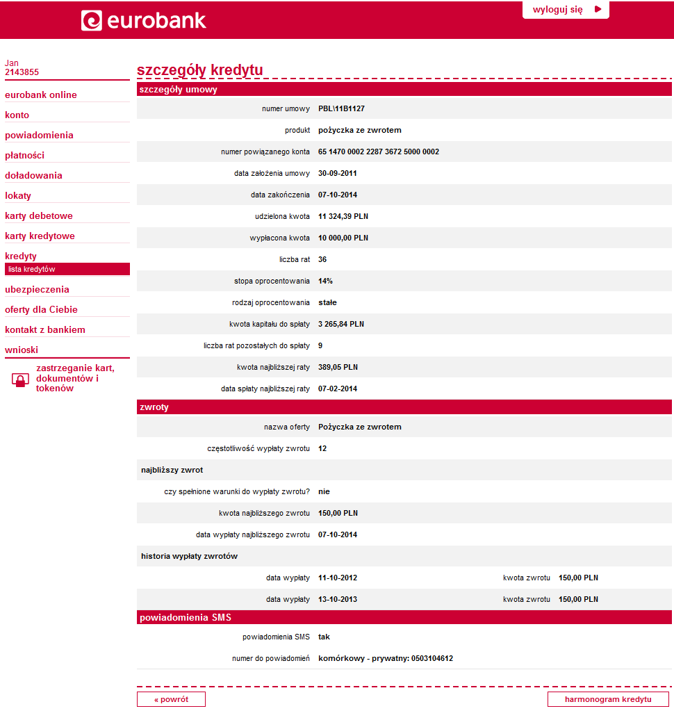 Szczegóły wybranego kredytu zobaczysz po wybraniu numeru umowy kredytowej.