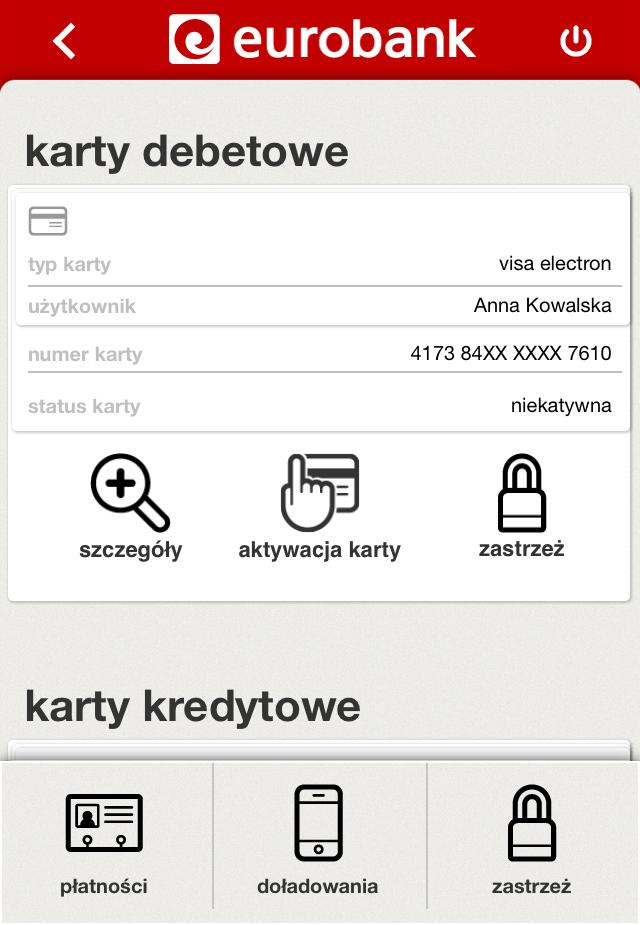 Możesz wyświetlić szczegóły wybranej karty, zastrzec wybraną aktywną kartę debetową, aktywować kartę nieaktywną