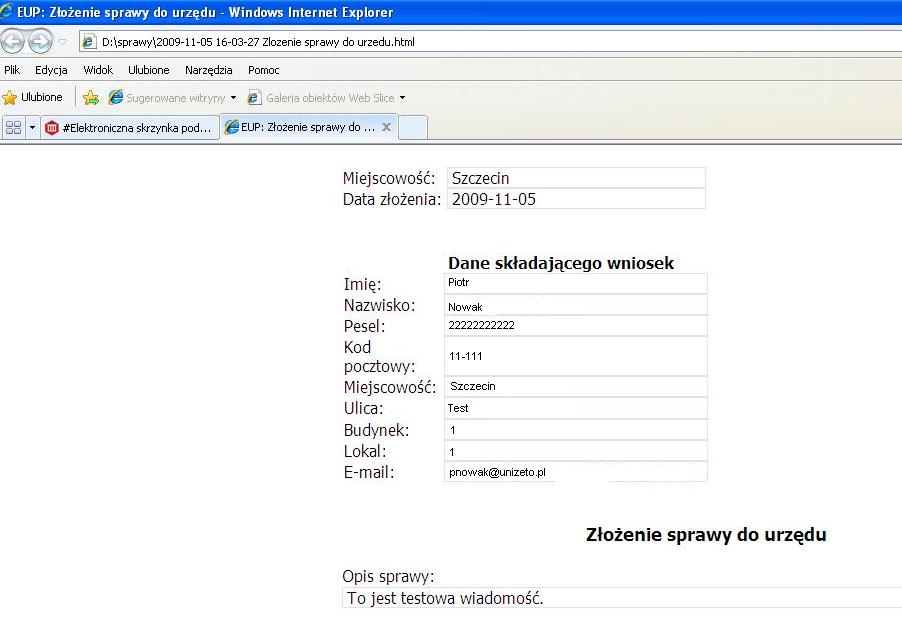 Rysunek 38: Korespondencja (Formularz wypełniony przez interesanta plik XML) W przypadku zapisania pliku w wersji HTML należy, w celu jego otwarcia, uruchomić plik poprzez kliknięcie na plik zapisany