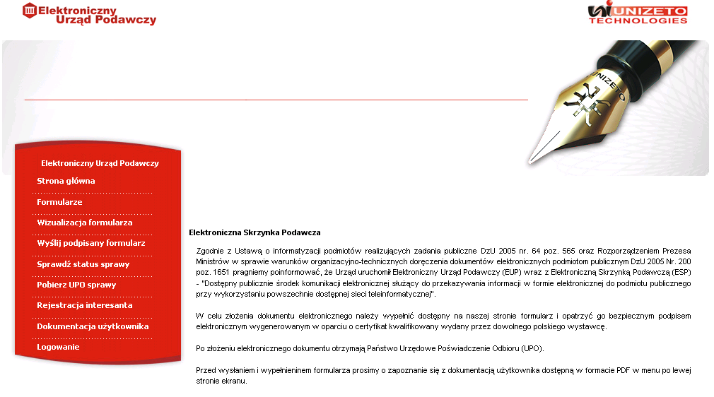 3. Obsługa platformy Aby skorzystać z usług platformy Elektronicznego Urzędu Podawczego (EUP) i Elektronicznej Skrzynki Podawczej (ESP) należy, poprzez przeglądarkę internetową, wejść do serwisu
