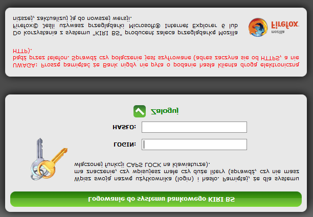 Uwaga: Przy pierwszej próbie połączenia ze stroną internetową Systemu Bankowosci Internetowej KIRI BS, przy NIE zaczytanym do przegladarki internetowej osobistym Certyfikacie Klienta, wyświetli sie