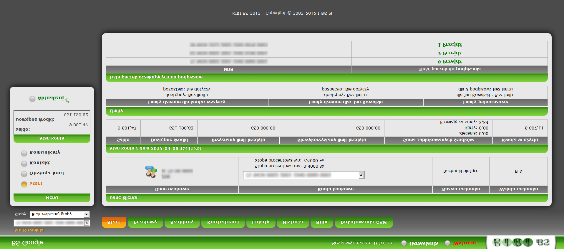 ry zawiera takie informacje jak nazwa użytkownika konta (właściciel, ilość NRB), data ostatniego logowania (data, czas, adres IP) oraz komunikaty (informacje od Banku).