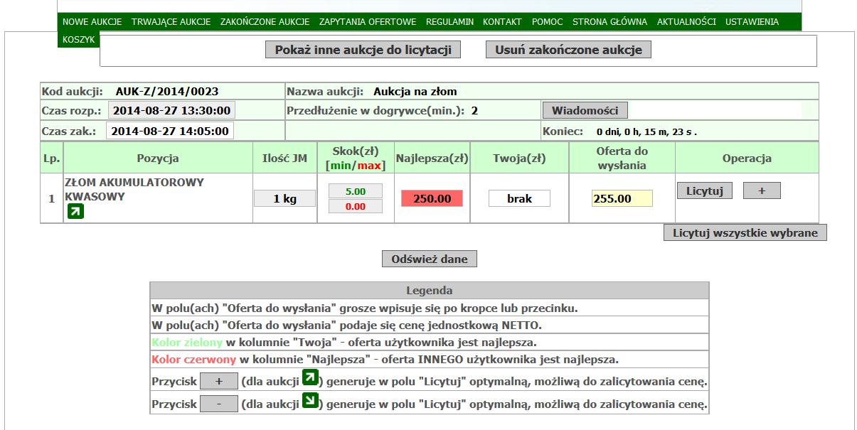Licytacja polega na wprowadzeniu w żółtym polu ceny za tonę, a następnie wybraniu przycisku Licytuj. Dopiero wtedy pojawia się sukces a cena widnieje na zielono (czyli jest ceną wygrywającą).