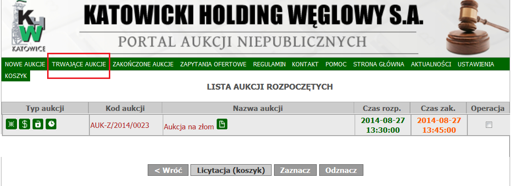 LICYTACJA Jeżeli nastanie czas rozpoczęcia aukcji - zgodnie z zegarem, który widnieje w prawym górnym rogu - następuje automatyczne