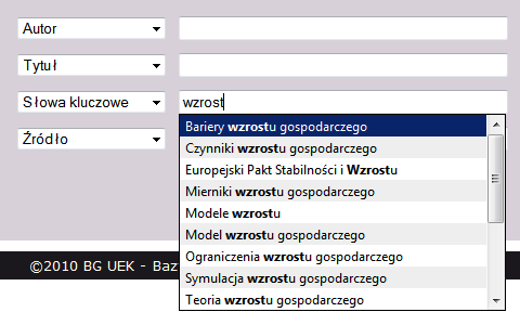 Słowa kluczowe W indeksie Słowa kluczowe po wpisaniu fragmentu