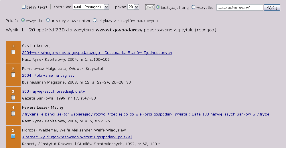 Wysyłanie wyników Wyniki wyszukiwania można wysłać pocztą elektroniczną.