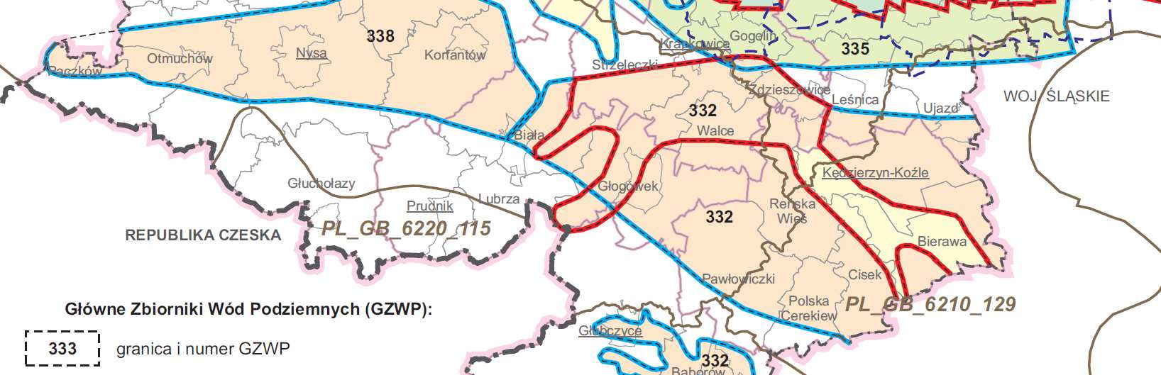 Rysunek 2.3 Główne Zbiorniki Wód Podziemnych [Opracowanie Ekofizjograficzne woj. opolskiego] Badania monitoringowe wód podziemnych, przeprowadzone w 2010 r.