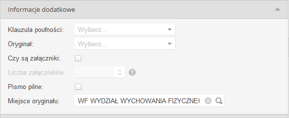 Rysunek 22 Formularz dodawania pisma wychodzącego - Informacje dodatkowe Klauzula poufności Pole opisujące poziom poufności pisma (poufne, tajne, zastrzeżone, ściśle tajne).