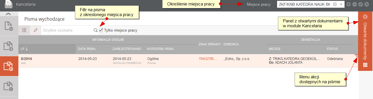 Rysunek 53 Lista pism wychodzących Na liście pism wychodzących, system prezentuje następujące informacje: Informacje ogólne: LP: numer kancelaryjny, nadawany automatycznie przez system w kontekście