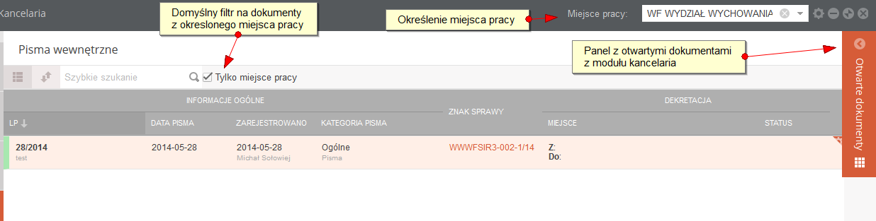 Przyjęcie dekretacji odbywa się poprzez kliknięcie guzika w menu akcji dla pisma lub z poziomu szczegółów pisma guzikiem. Przyjąc można tylko dekretację w statusie Wysłana.