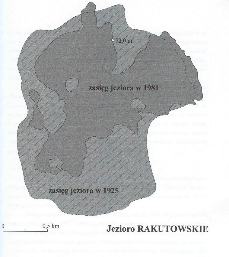 Zmiany powierzchni Jeziora Rakutowskiego Od początku lat 60. XX wieku powierzchnia jeziora zmniejszyła się o ponad 170 ha, czyli o ok. 51%.