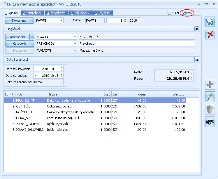 str. 14 Comarch OPT!MA Handel pierwsze kroki v. 2012 Rys. Formularz Faktury Wewnętrznej Sprzedaży 2.