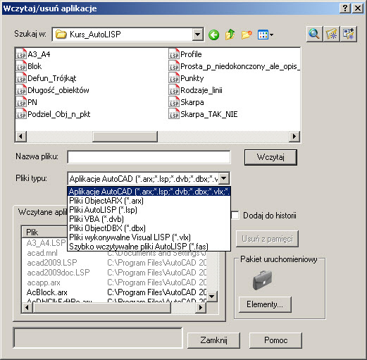 Tab. 1b. Wybrane elementy środowiska VisualLISP - definiowanie pakietu uruchomieniowego (najczęściej wykorzystywanych programów *.lsp) - rozwijane menu pozwalające uruchomienie i edycję programów 3.